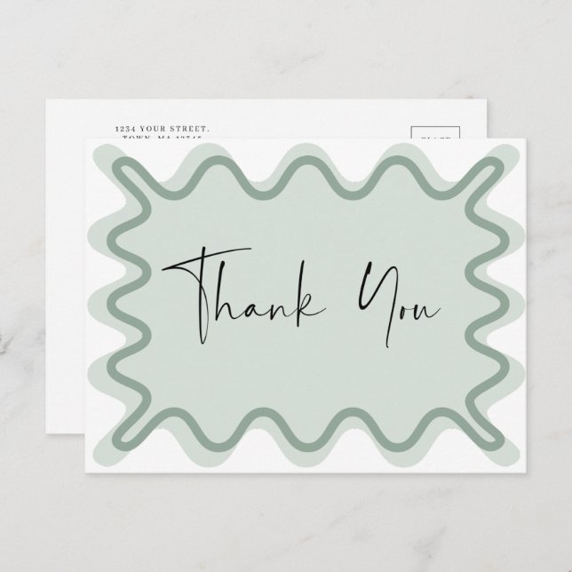 Sage green Wavy Border Danke Postcard Einladungspostkarte (Vorne/Hinten)