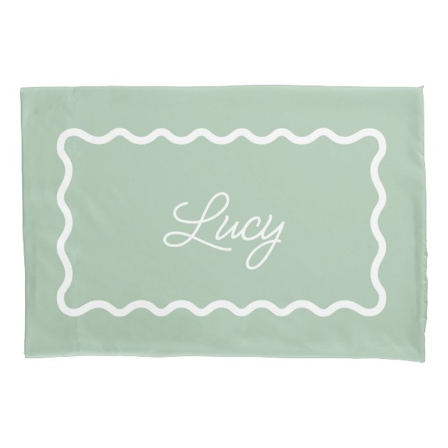 Sage Green Wavy Scallop Frame Monogram Kissenbezug (Vorderseite)