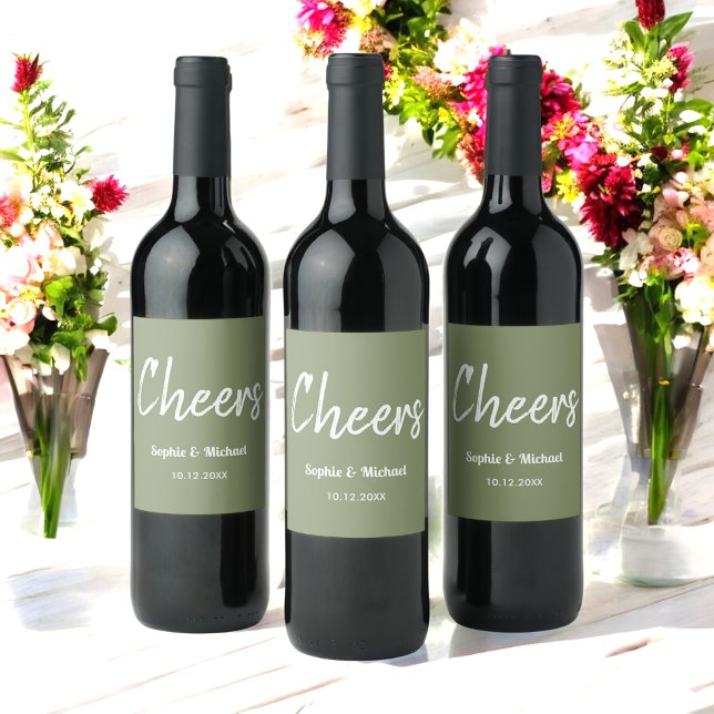 Sage Green Wedding Cheers Simple Weinetikett (Von Creator hochgeladen)