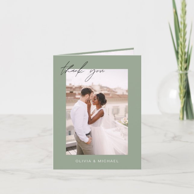 Sage Green Wedding Danke Foto Minimalistisch (Vorderseite)