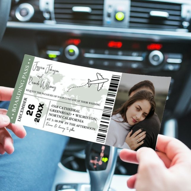 Sage green Wedding Einladung Boarding Ticket (Von Creator hochgeladen)