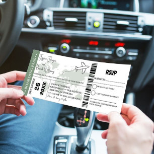 Sage Green Wedding Einladung Boarding Ticket