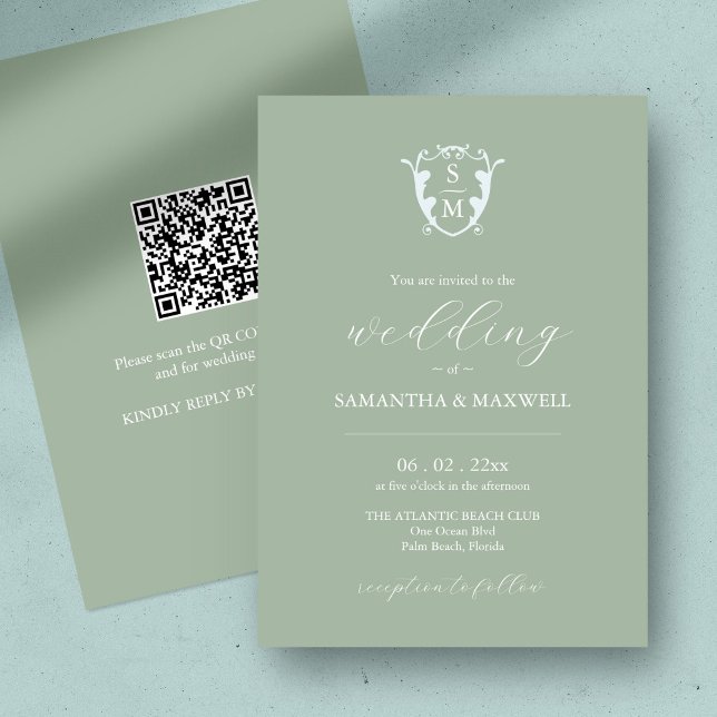 Sage Green Wedding Einladung mit QR Code (QR code wedding invitation sage green minimalistic custom monogram crest )