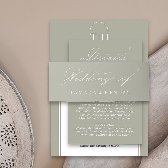 Sage Green Wedding Elegante Kalligraphie Einladungsbanderole (Elegant sage green wedding invitation belly bands from my Wedding Colors collection)