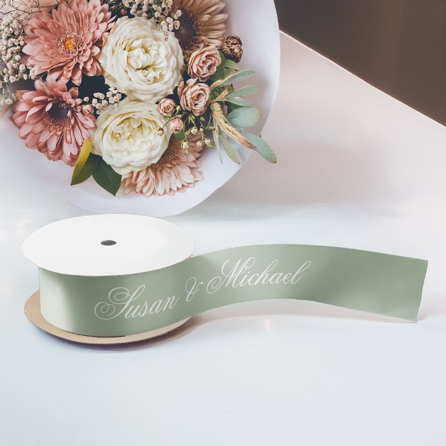 Sage Green Wedding Elegante Script Kalligraphie Satinband (Von Creator hochgeladen)