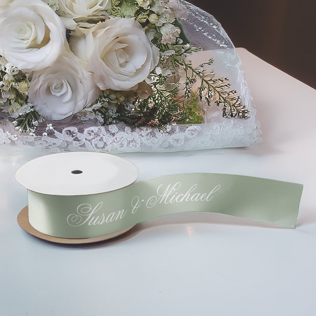 Sage Green Wedding Elegante Script Kalligraphie Satinband (Von Creator hochgeladen)