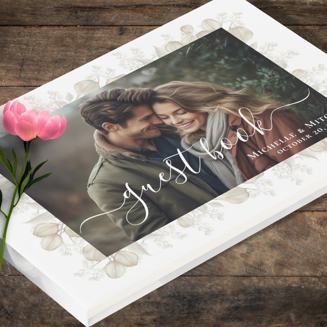 Sage Green Wedding Foto Personalisiert Gästebuch (Wedding guest book with photo template. )