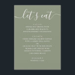 Sage Green Wedding | Minimalist Script Modern Menükarte<br><div class="desc">This wedding menu card features a clean, modern layout paired with a soft sage green background, creating a refined and inviting look for your reception tables. The combination of delicate script and structured typography adds a subtle contrast, making each section easy to read while still feeling elegant and cohesive. Perfect...</div>