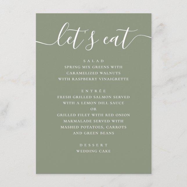 Sage Green Wedding | Minimalist Script Modern Menükarte (Vorderseite)