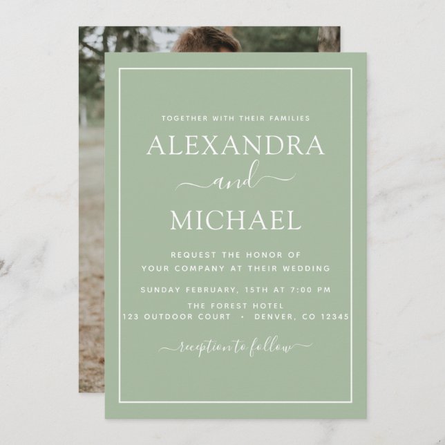 Sage Green Wedding Romantic Foto Einladung (Vorne/Hinten)