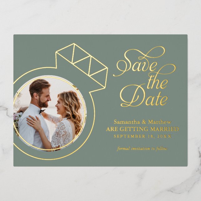 Sage Green Wedding Save the Date Foto Folie Einladungspostkarte (Vorderseite)