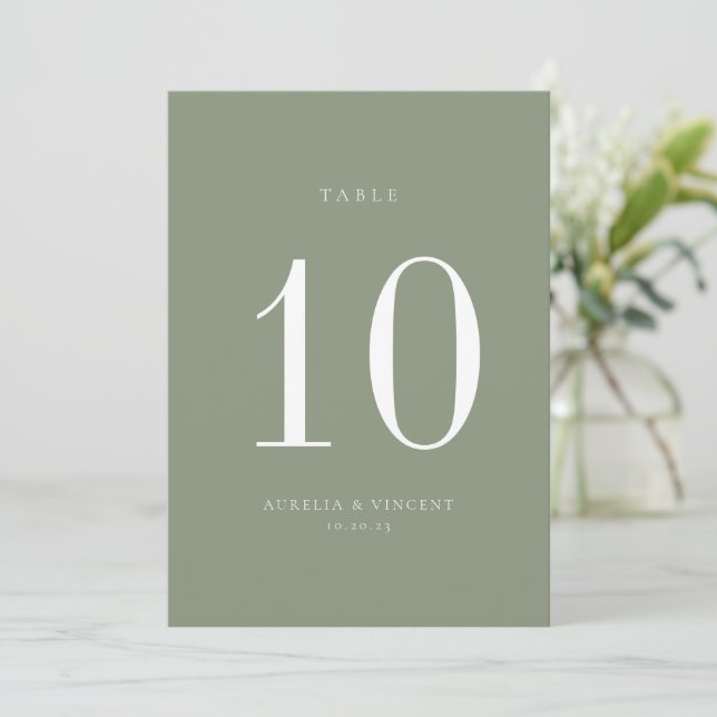 Sage Green Wedding Tischnummer Card (Stehend Vorderseite)