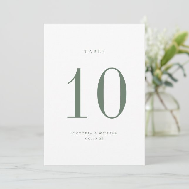 Sage Green Wedding Tischnummer Card (Stehend Vorderseite)