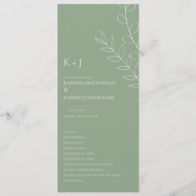 Sage Green Wedding Zeremonie Minimalistisch Elegan Programm (Vorderseite)