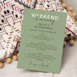 Sage Green Weekend Geburtstagsfeier Einladung<br><div class="desc">Sage Green Modern Calligraphic Weekend Zeitplan Zeitleiste. Das Design besticht durch ein elegantes,  modernes Textlayout. Um erweiterte Änderungen vorzunehmen,  wählen Sie bitte unter Personalisieren dieser Vorlage die Option "Klicken Sie auf,  um weitere Anpassungen vorzunehmen".</div>