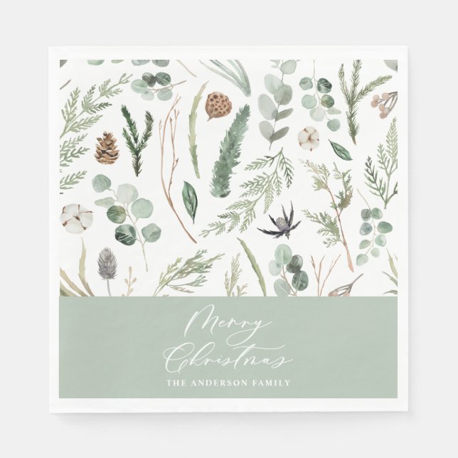 Sage Green Weihnachten minimale botanische Serviette (Vorderseite)