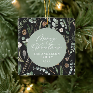 Sage green Weihnachten minimales botanisches Foto Keramikornament