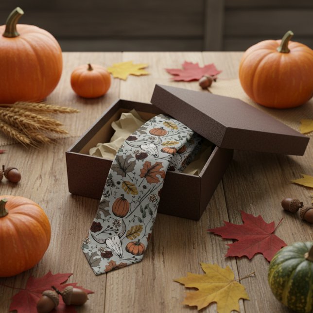 Sage Green Western Bull Skull Country Krawatte (Sage Cow Skull Fall Harvest Thanksgiving Tie for Him. Skull, Burnt Orange Pumpkins, Autumn Leaves)