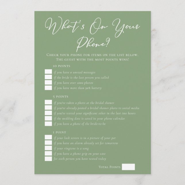 Sage Green What's On Your Phone Bridal Shower Karte (Vorderseite)