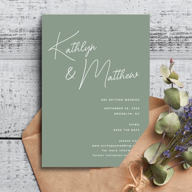 Sage Green Whimsiscript Minimalistisch Modern Save The Date (Von Creator hochgeladen)