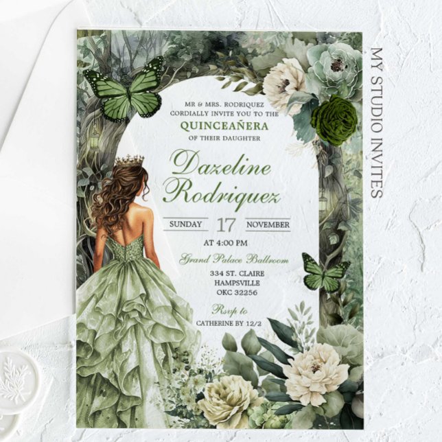 Sage Green Whimsiswald Quinceanera Acryleinladungen (Von Creator hochgeladen)