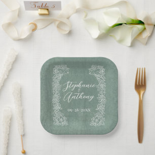 Sage Green White Bird Wildblume Border Hübsch Pappteller