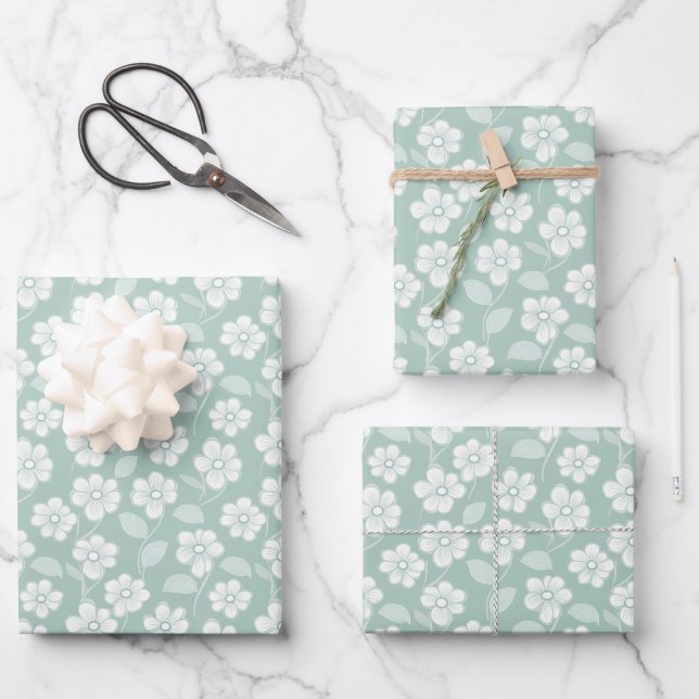 Sage Green White Boho Florals Baby Dusche Geburtst Geschenkpapier Set (Vorderseite)