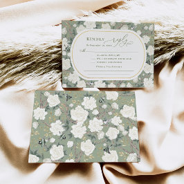 Sage Green White Chinoiserie Floral Wedding RSVP Karte