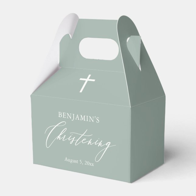 Sage Green White Cross Boy Christening Favor Box Geschenkschachtel (Vorderseite)