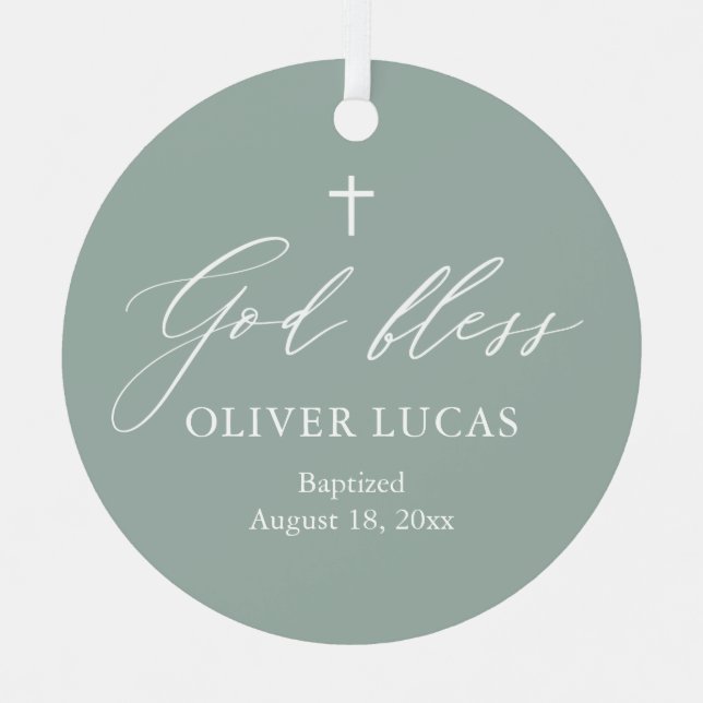Sage Green White Cross Foto Boy Taufe Ornament Aus Metall (Vorderseite)