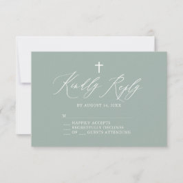Sage Green White Cross Taufe RSVP Karte