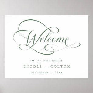 Sage Green & White Elegante Hochzeit Begrüßungszei Poster