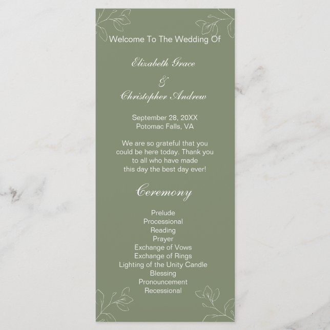 Sage Green White Floral Botanical Wedding Programm (Vorderseite)