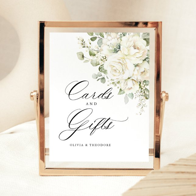 Sage Green White Floral Cards & Gifts Table Sockelschild (Wedding cards and gifts sign, sage green white floral watercolor, elegant reception pedestal sign)