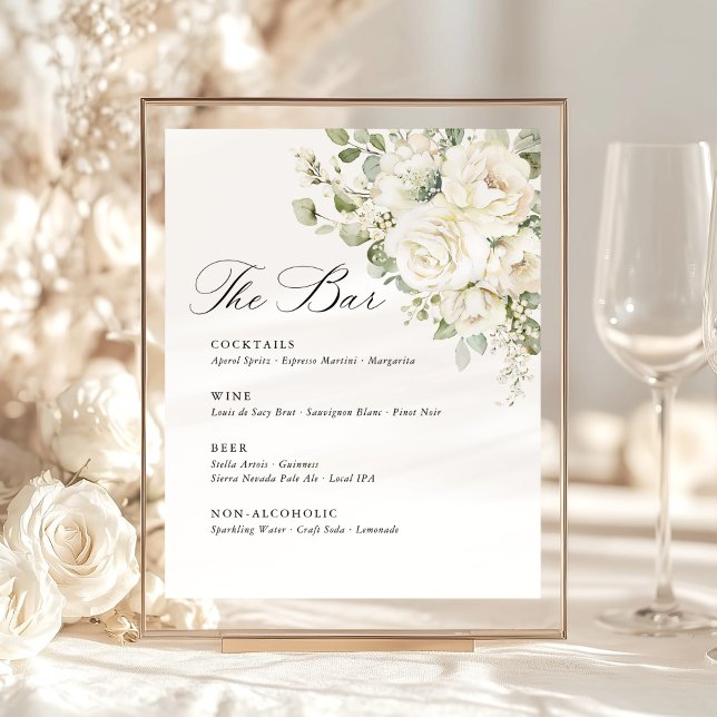 Sage Green White Floral Elegant Wedding Bar Menu Sockelschild (Sage green white floral wedding bar menu sign, watercolor greenery, elegant reception bar signage)