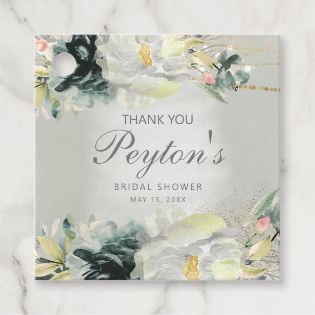 Sage Green White Floral Glitzer Brautparty Geschenkanhänger (Vorderseite)