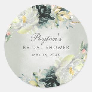Sage Green White Floral Glitzer Brautparty Runder Aufkleber