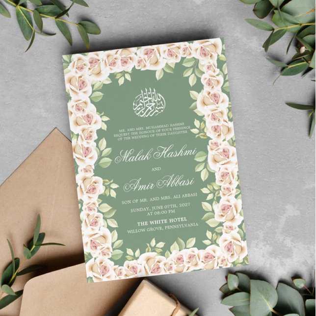 Sage Green White Floral Islamische Hochzeit Einladung (Von Creator hochgeladen)