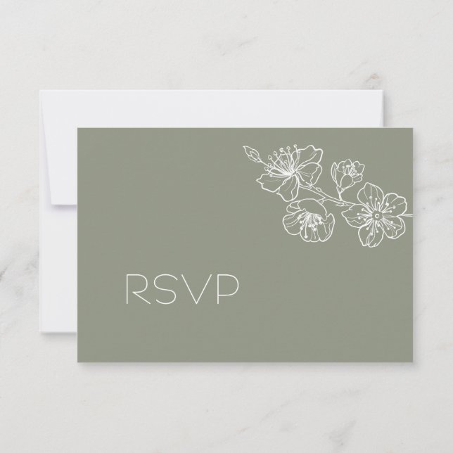 Sage Green White Floral Line Art RSVP (Rückseite)