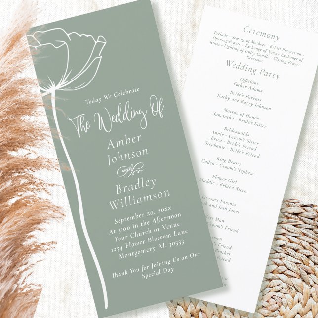 Sage Green White Floral Moderne Minimale Hochzeit Programm (Von Creator hochgeladen)