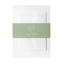 Sage Green & White Floral Monogram Crest Wedding Einladungsbanderole