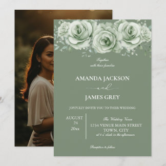 Sage Green White Floral Photo Back Wedding  Einladung