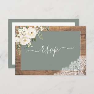 Sage Green White Floral Script Lace Wood UAWG RSVP Karte