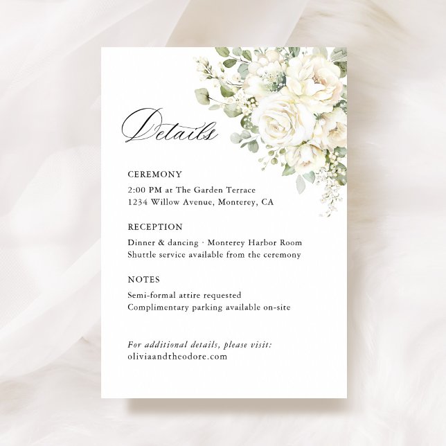 Sage Green White Floral Wedding Details, Ceremony Begleitkarte (Sage green white floral watercolor wedding details card, Elegant ceremony reception info stationery)