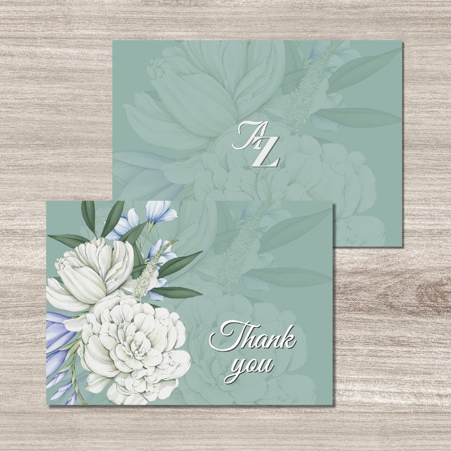 Sage Green & White Floral Wedding | Thank you Card Dankeskarte (Von Creator hochgeladen)
