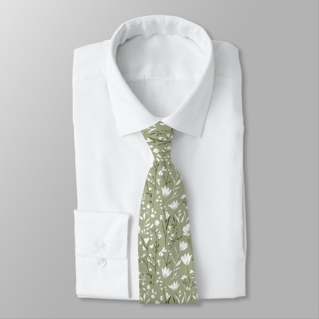 Sage Green White Floral Wedding Trauzeuge Groom Krawatte (Gebunden)