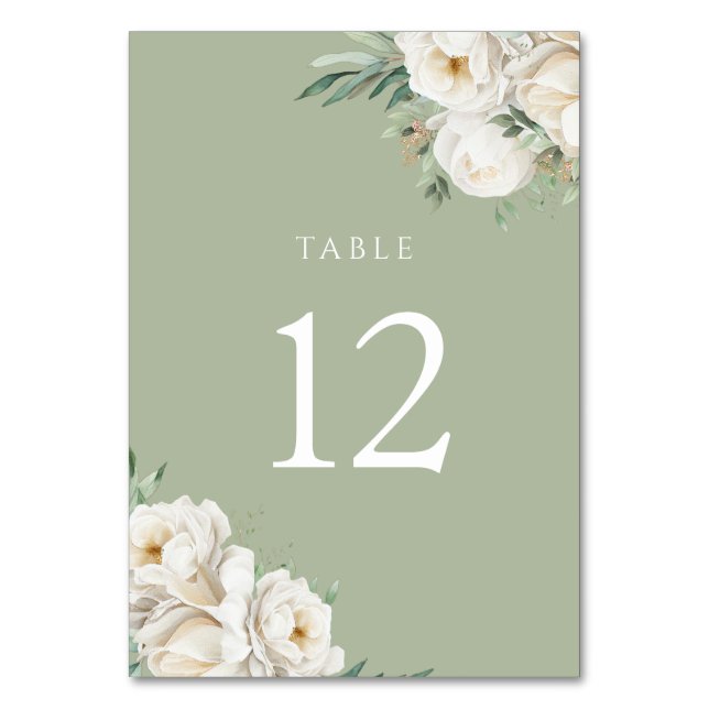 Sage Green & White Flower Wedding Reception Tischnummer (Vorderseite)