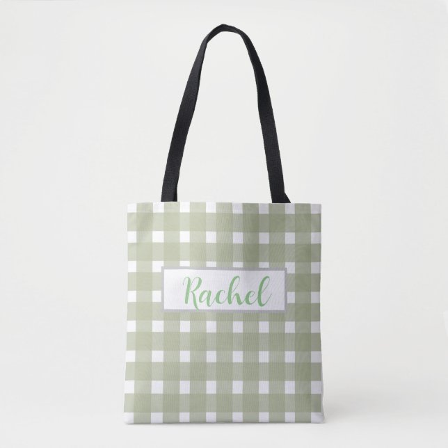 Sage Green White Gingham Personalisiert (Vorderseite)