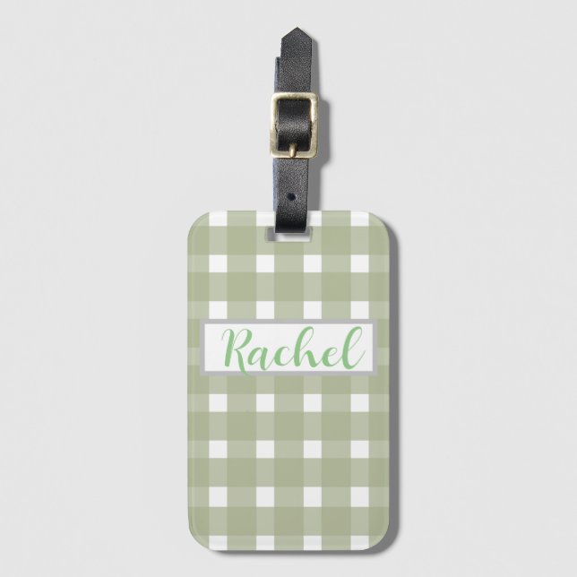 Sage Green White Gingham Personalisiert Gepäckanhänger (Vorderseite Vertikal)