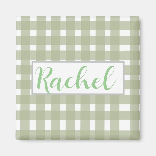 Sage Green White Gingham Personalisiert Magnet (Vorne)